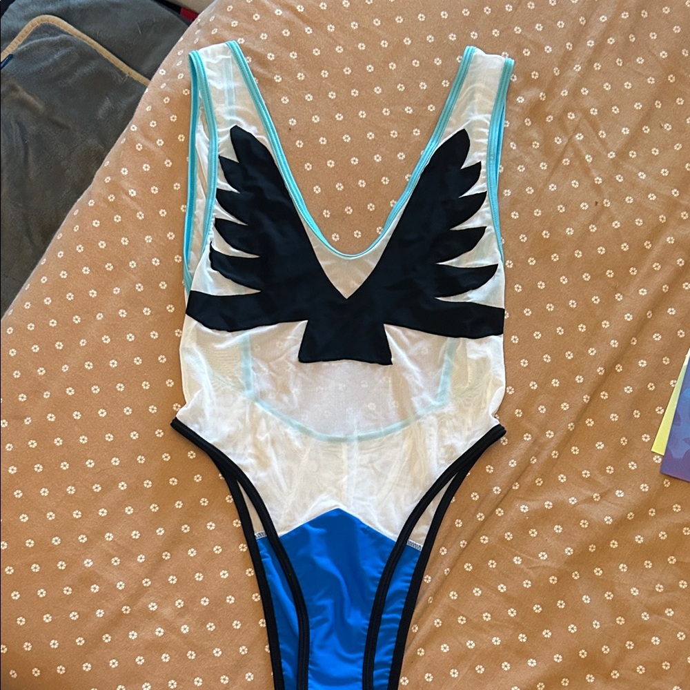 Colorful One-Piece Swimsuit with Black Wing Design